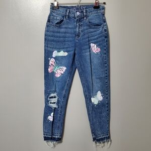 Justice Butterfly Print Girls Jeans Raw Hem Distressed Size 14